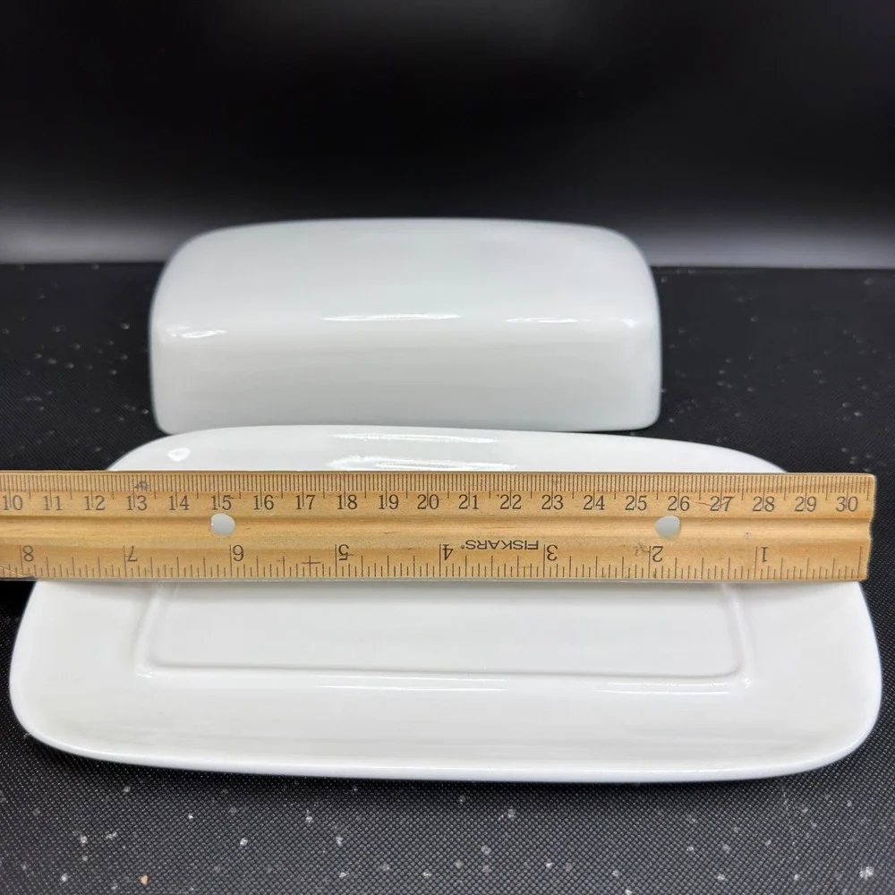 HB White Ceramic Butter Dish with Lid Microwave and Dishwasher Safe 8x4 Inch